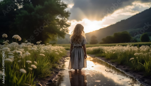 Little Girl Walking Barefoot Through a Puddle in a Field at Dawn