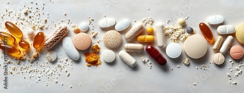 assorted pills, capsules, softgels, round and oblong tablets with powdered fragments scattered in a neat horizontal arrangement on a pale surface, evoking a calm clinical health-focused mood