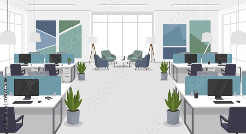 modern office interior with desks computers and seating areas