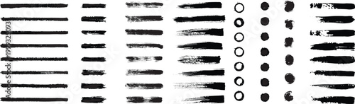  Set of vector paint brush stroke, ink splash and grungy decoration elements. Freehand grunge brush illustration.