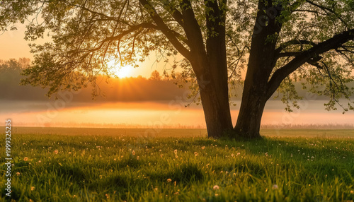Summer Morning Dawn Nature Landscape with River and Forest, Peaceful Sunrise Scene
