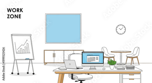office workspace illustration with computer whiteboard and furniture