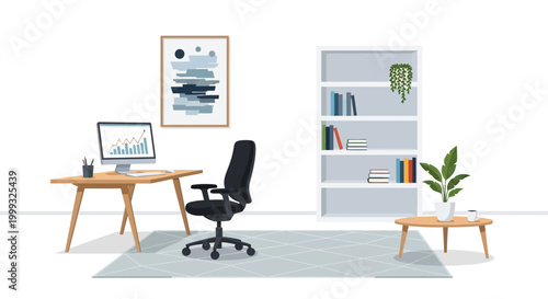 home office interior with desk chair and bookshelf illustration