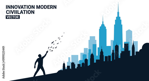 Man releases birds near modern cityscape with skyscrapers at sunset