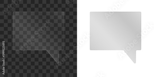 Clear translucent glassmorphism rectangular speech bubble chat message box interface vector illustration