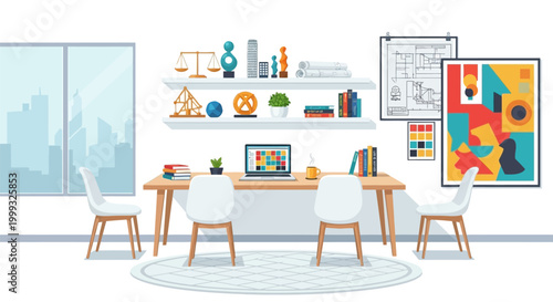 modern home office interior with desk and decorative objects