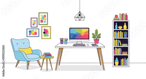 modern home office setup with colorful artwork and furniture