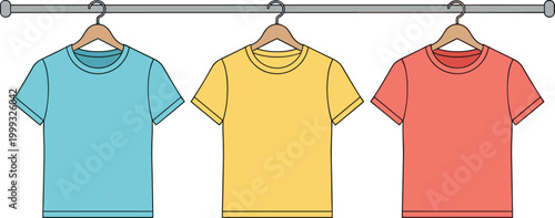 Set of Plain T-Shirts on Hangers in Blue, Yellow, and Red for Fashion, Clothing, and Apparel Design Projects