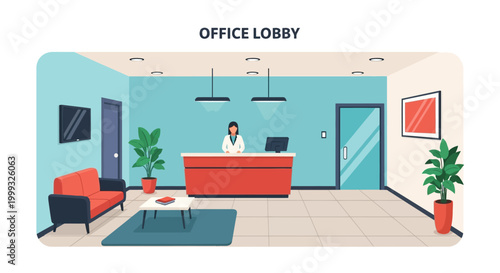 Office lobby illustration with reception desk and waiting area