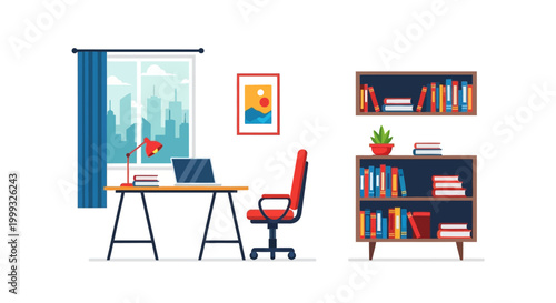 home office interior with desk chair and bookshelf illustration