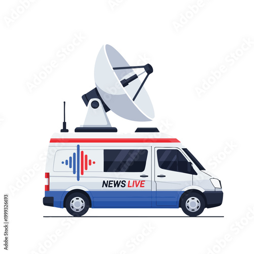 Mobile news broadcasting van with satellite uplink equipment on top