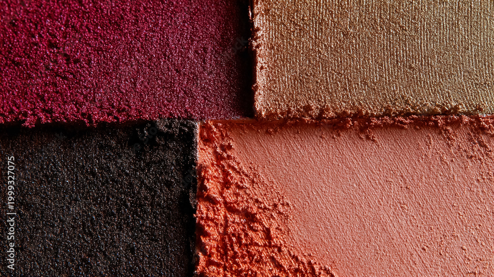 Fototapeta premium Eyeshadow and blush colors showing rich texture, shimmer, and matte finishes, great for beauty and make up concepts