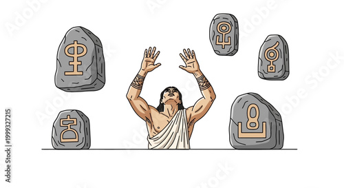 A man in a white toga holds up his hands to mystical stones with symbols.