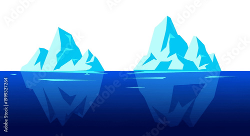 Illustration of icebergs floating in ocean water with visible and submerged parts.