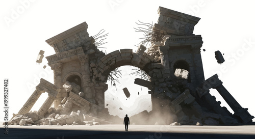 Man stands before destroyed ancient stone archway with rubble falling