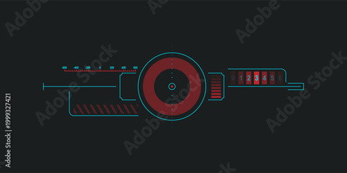 Futuristic cyberpunk HUD interface with circular target crosshair, ammo counter, measurement scale and digital indicators. Neon sci-fi user interface element for game UI, targeting systems, virtual di