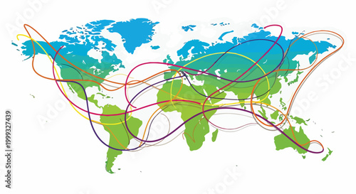 A colorful world map with multicolored lines