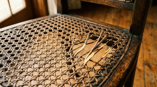 Close-up of a damaged wicker chair seat with broken strands.