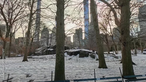 Footage of a gorgeous winter landscape in Central Park in Manhattan in New York City New York USA