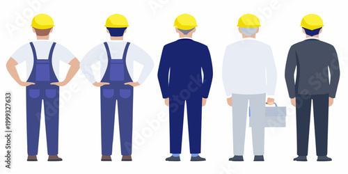 Five construction workers standing in a row vector illustration