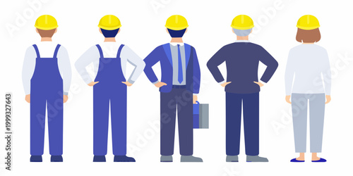 Five construction workers in yellow helmets flat vector illustration