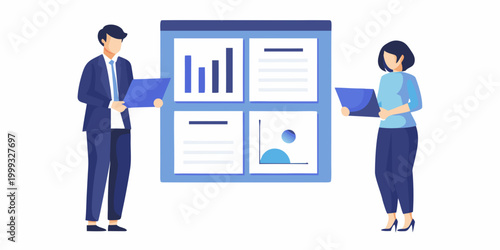data analysts reviewing charts and graphs flat vector illustration