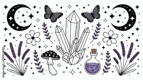 Crystal moon and stars mystical illustration with flowers and butterflies