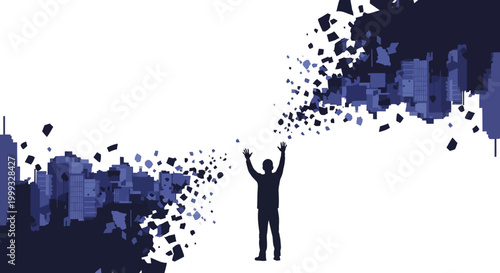 Man stands amidst disintegrating cityscape with arms raised in a surreal scene.