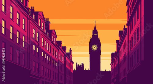 Illustration of Big Ben at sunset in London cityscape with buildings
