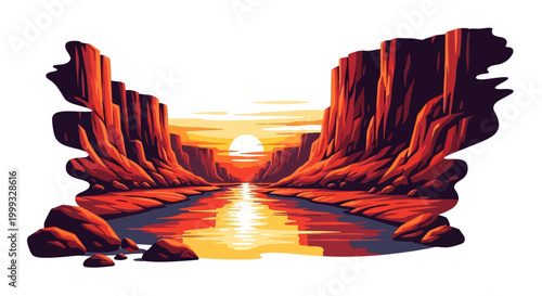 Sunset over canyon landscape with river flowing through rocky formations