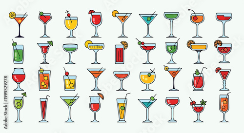 A colorful illustration of 32 cocktail glasses with various garnishes
