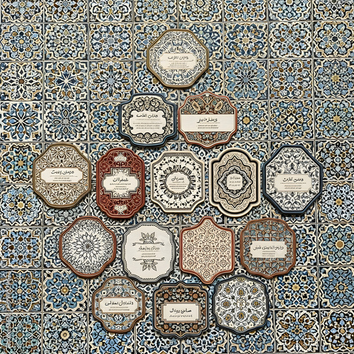 Collection of ornate patterned coasters or labels arranged on a background of intricate blue and beige mosaic tiles.