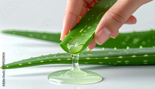 Fresh aloe vera gel being squeezed from a cut leaf onto a white surface, illustrating natural healing, soothing skincare, and herbal ingredients.