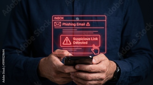 Fotografija Man holding smartphone with phishing email alert on screen warning of suspicious