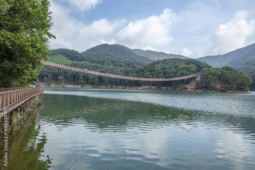 Fototapeta premium 산책로,출렁다리,호수,고령산,마장호수,기산리,파주시,경기도