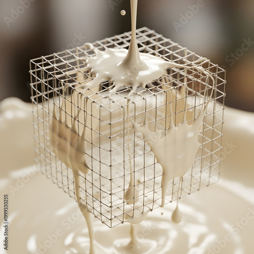 White liquid, possibly chocolate or cream, being poured over a delicate metallic cube grid, creating intricate drips and a visually appealing texture.