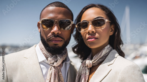 African American couple wearing sunglasses posing at marina, luxury lifestyle portrait of man and woman in linen suits and silk scarves Concept of wealth, travel, success, elegance, and summer vacatio