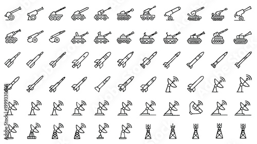 Military vehicles and communication towers icons  various tanks and rockets
