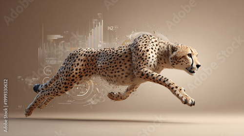 Cheetah running with digital financial charts, representing high speed growth and business performance Concept of market acceleration, data analytics, investment success, and competitive corporate str