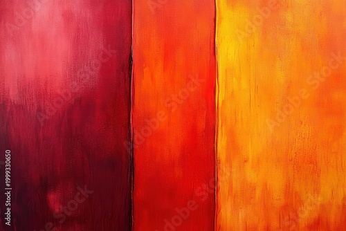 Three vertical textured color panels in deep burgundy, fiery red and golden orange conveying warmth and intense energy