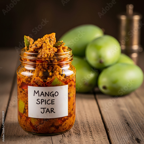 A glass jar filled with traditional Indian mango pickle, labeled 'MANGO SPICE JAR', sits on a rustic wooden table with fresh green mangoes in the background.