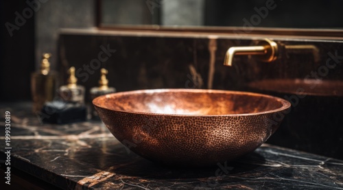 A copper bowl sits on a dark marble counter in a bathroom. Behind the bowl, there are bottles and a gold faucet, creating a modern look. The setting is simple and elegant
