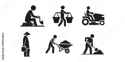 Gardening icons, lawn care symbols, landscaping signs, yard work illustrations