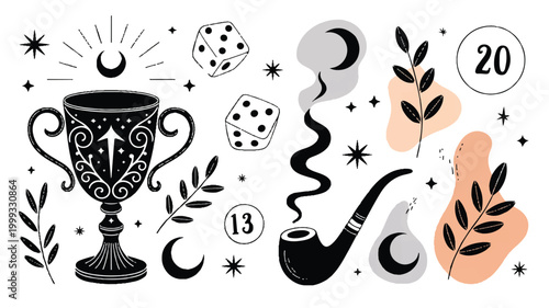 Mystic symbols and objects for divination and fortune telling purposes are shown