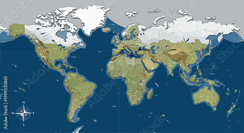 A colorful world map with various shades