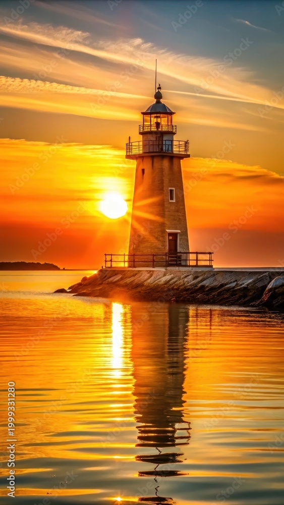 Fototapeta premium A photo of Delaware Breakwater Lighthouse at sunset with its beam casting a golden glow over the calm waters of Cape Henlopen State Park