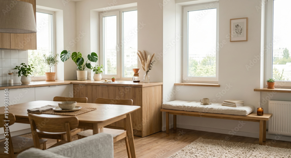 Fototapeta premium Modern kitchen interior: A serene and inviting modern kitchen space, bathed in natural light, showcasing sleek wooden furniture and a harmonious blend of style and function.