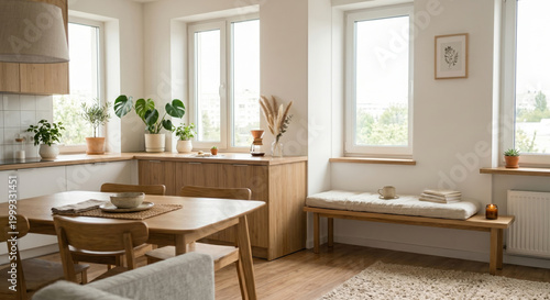Modern kitchen interior: A serene and inviting modern kitchen space, bathed in natural light, showcasing sleek wooden furniture and a harmonious blend of style and function.