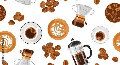 Coffee beans and various coffee brewing methods on a table indoors