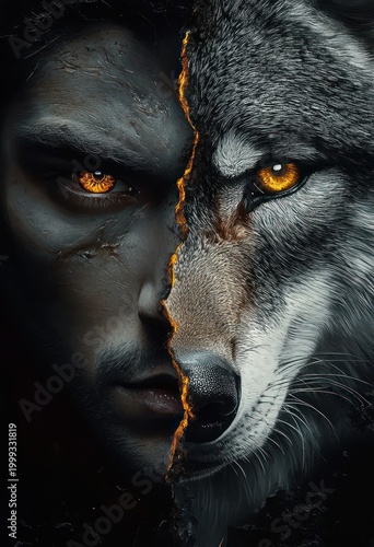 Intense split portrait of a scarred man and a wolf with glowing amber eyes divided by a fiery cracked seam, conveying primal ferocity and inner duality